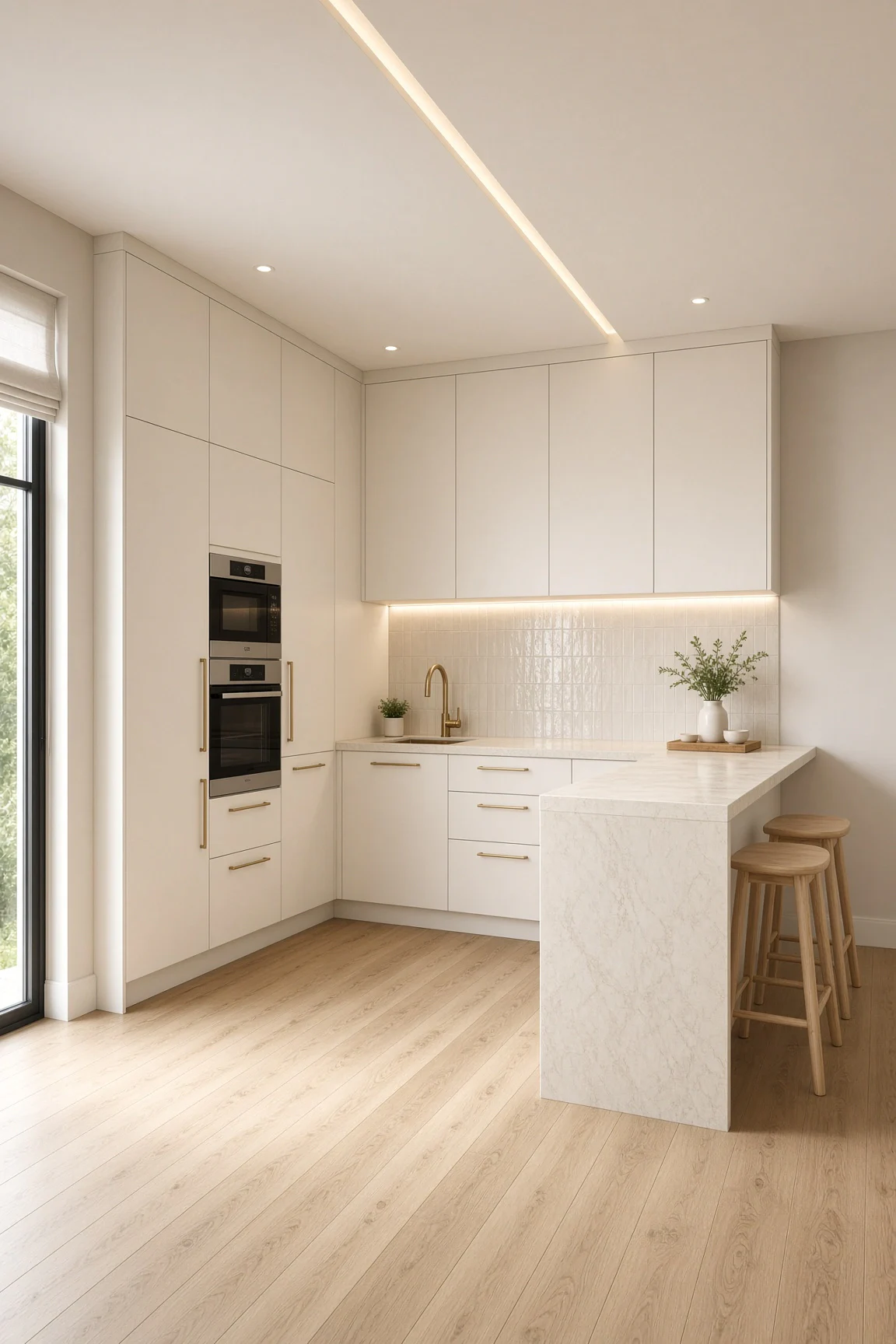 Small modern kitchen with off-white floor-to-ceiling cabinetry, built-in double oven, and marble waterfall peninsula with wooden barstools.
