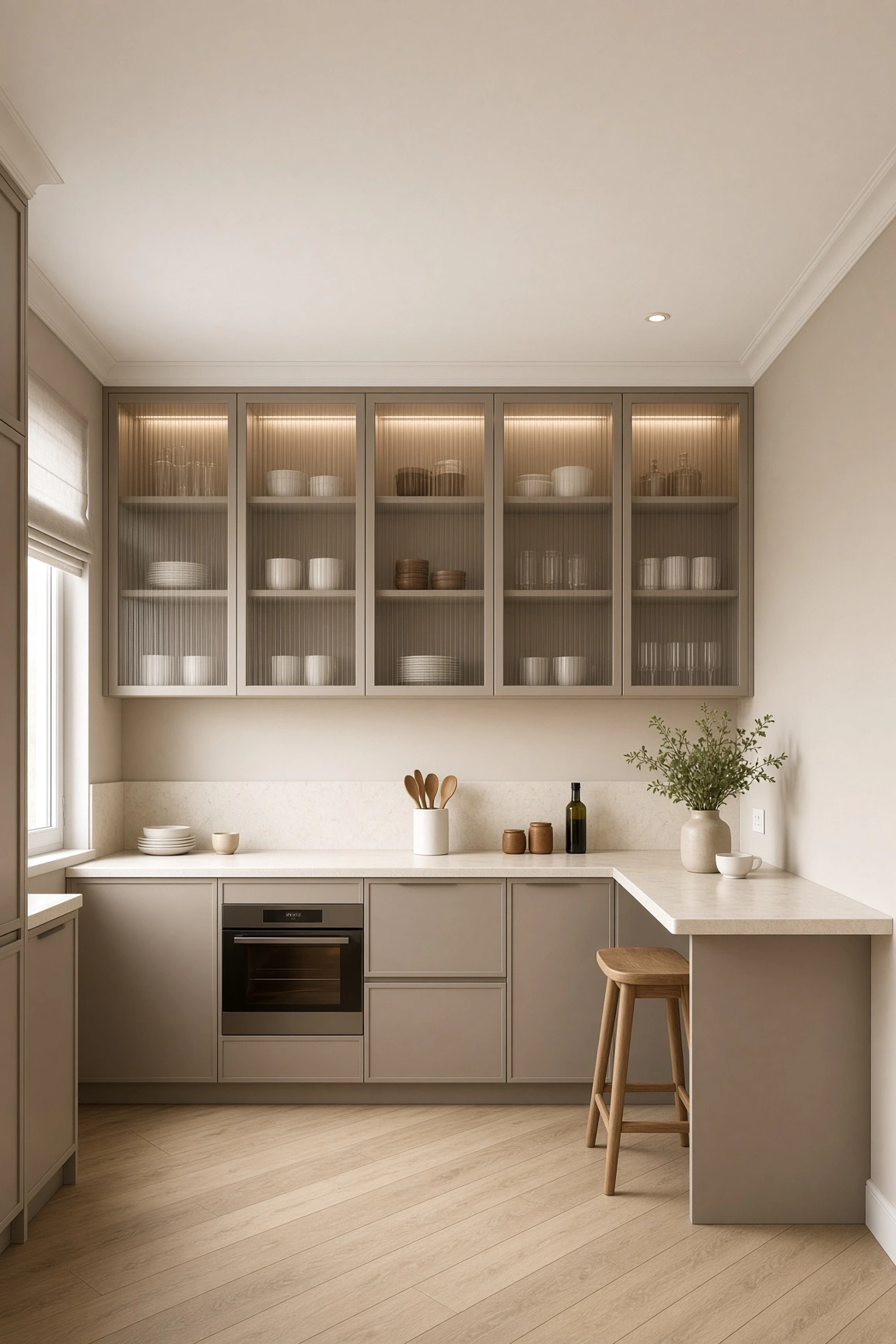 Compact kitchen featuring mushroom taupe cabinets, fluted glass upper doors with interior lighting, and a small wooden breakfast stool.