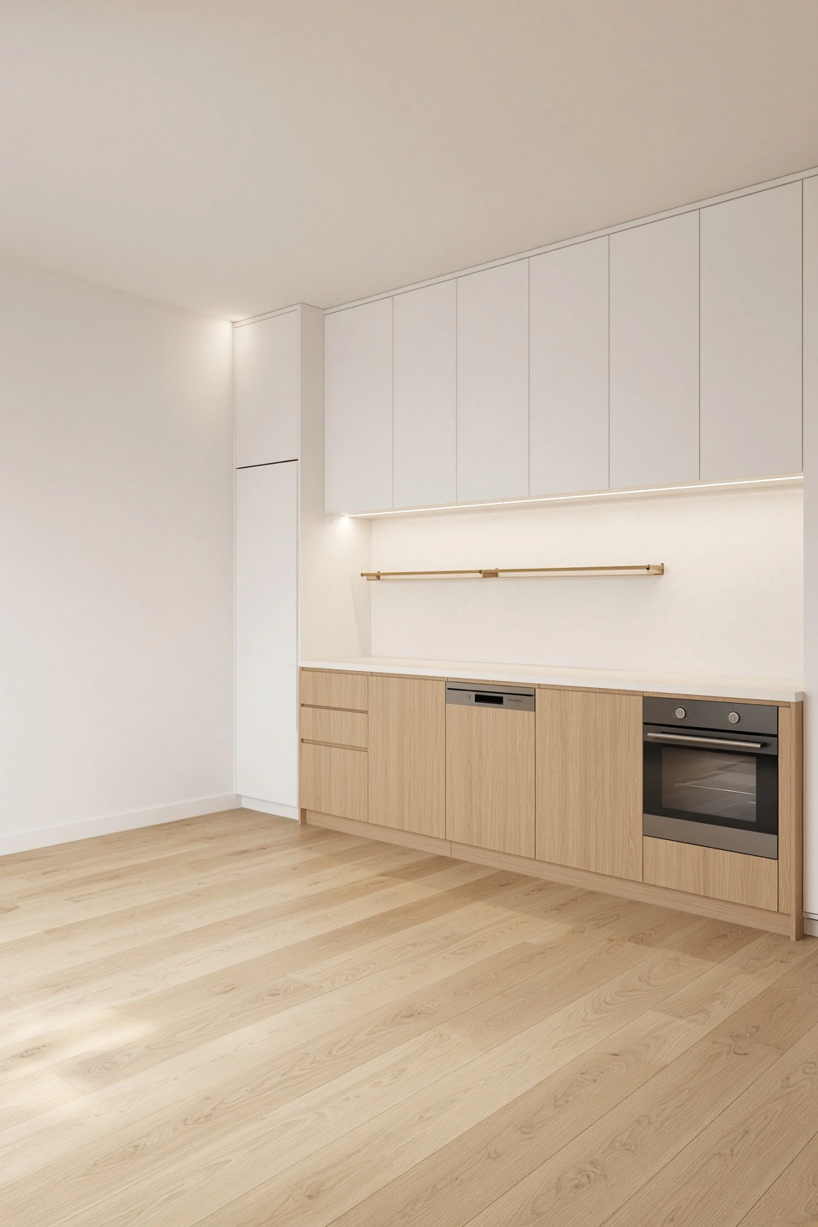 Minimalist small kitchen with light oak lower cabinets, flat white upper uppers, brass hanging utensil rail, and light wood floors.