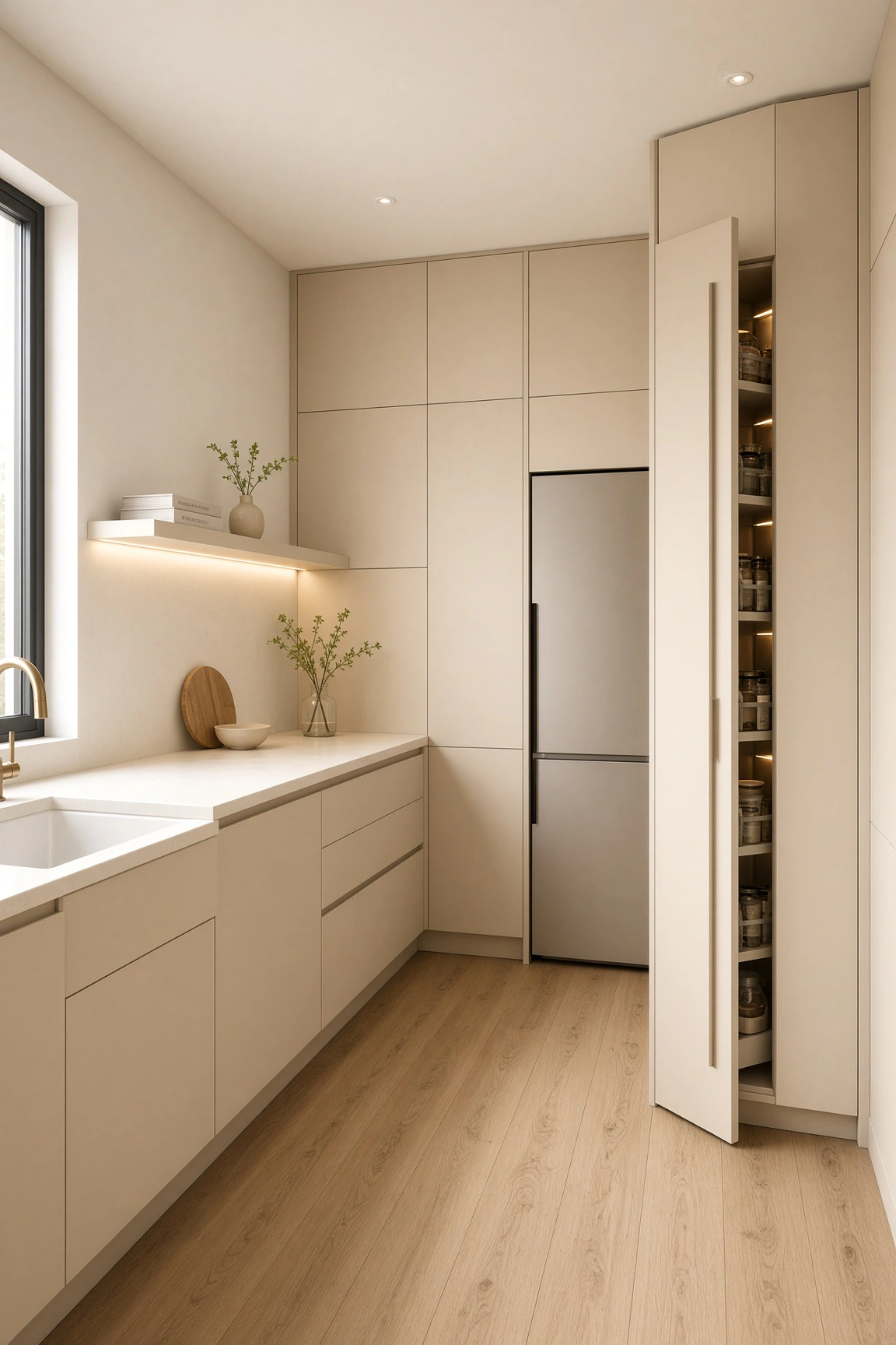 Warm greige small kitchen with built-in pantry tower featuring a pull-out spice rack, integrated fridge, and lit floating shelf.
