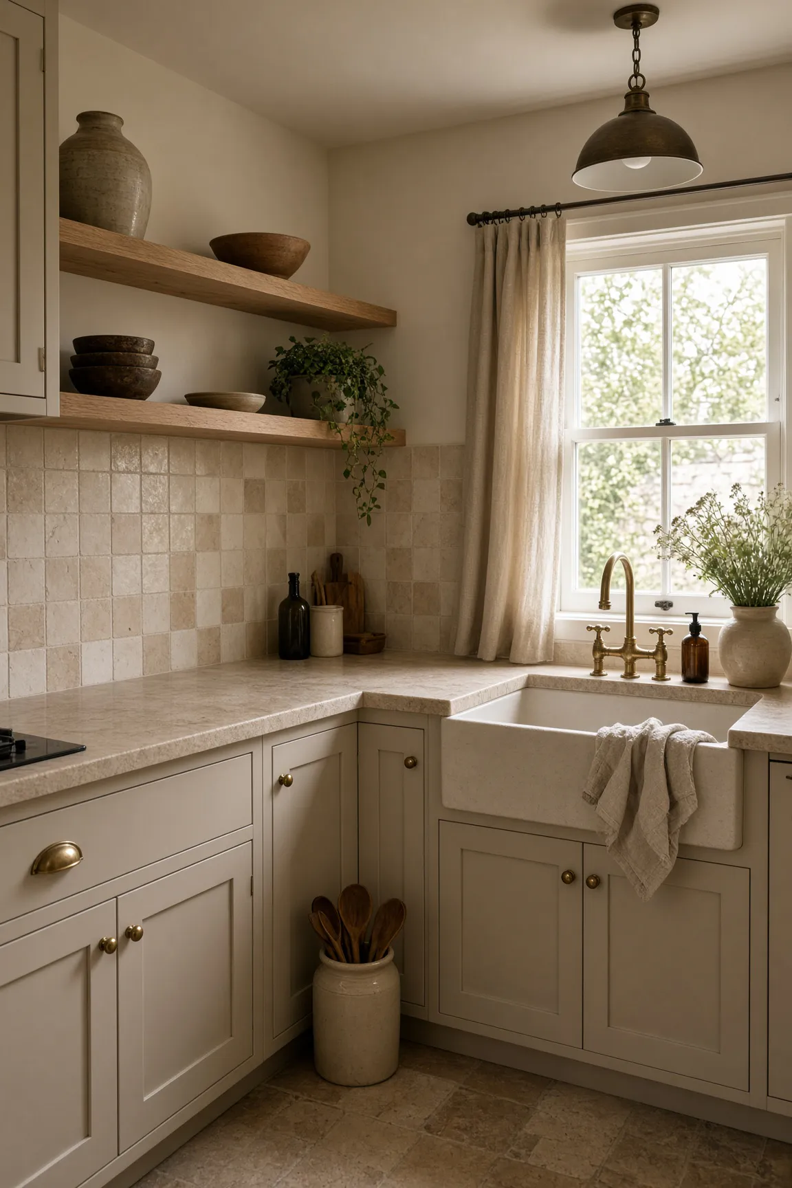Cozy rustic small kitchen corner featuring glazed square zellige tile backsplash, thick oak floating shelves, and an apron-front sink.