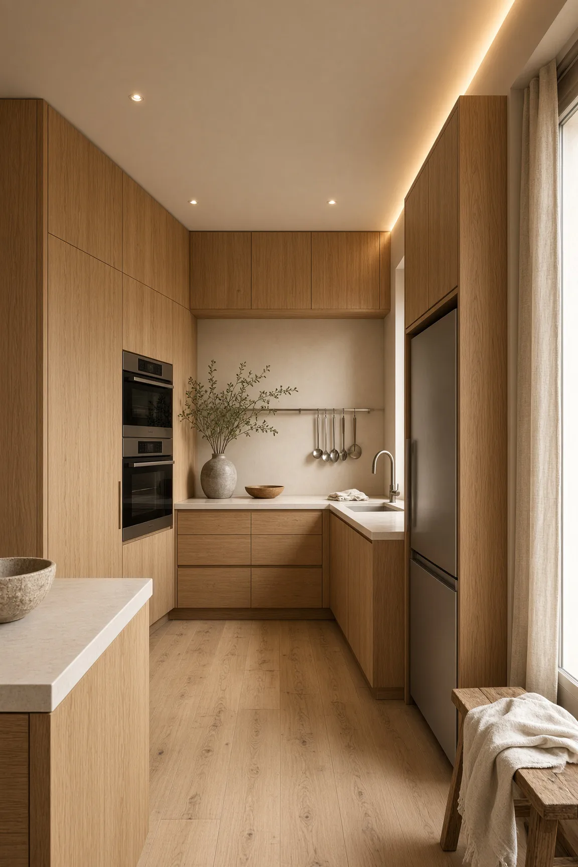 Small wood-wrapped kitchen layout with floor-to-ceiling warm oak cabinetry, stainless steel hanging rack, and built-in appliances.