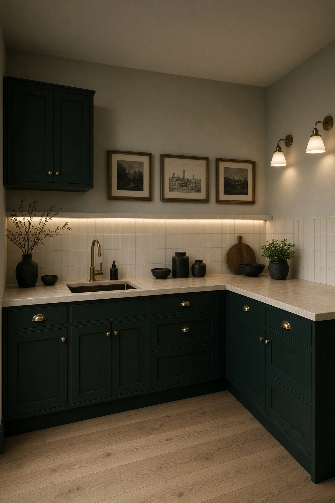 Moody small kitchen featuring deep forest green shaker cabinets, brass cup hardware, cream square tiles, and warm wall sconces.