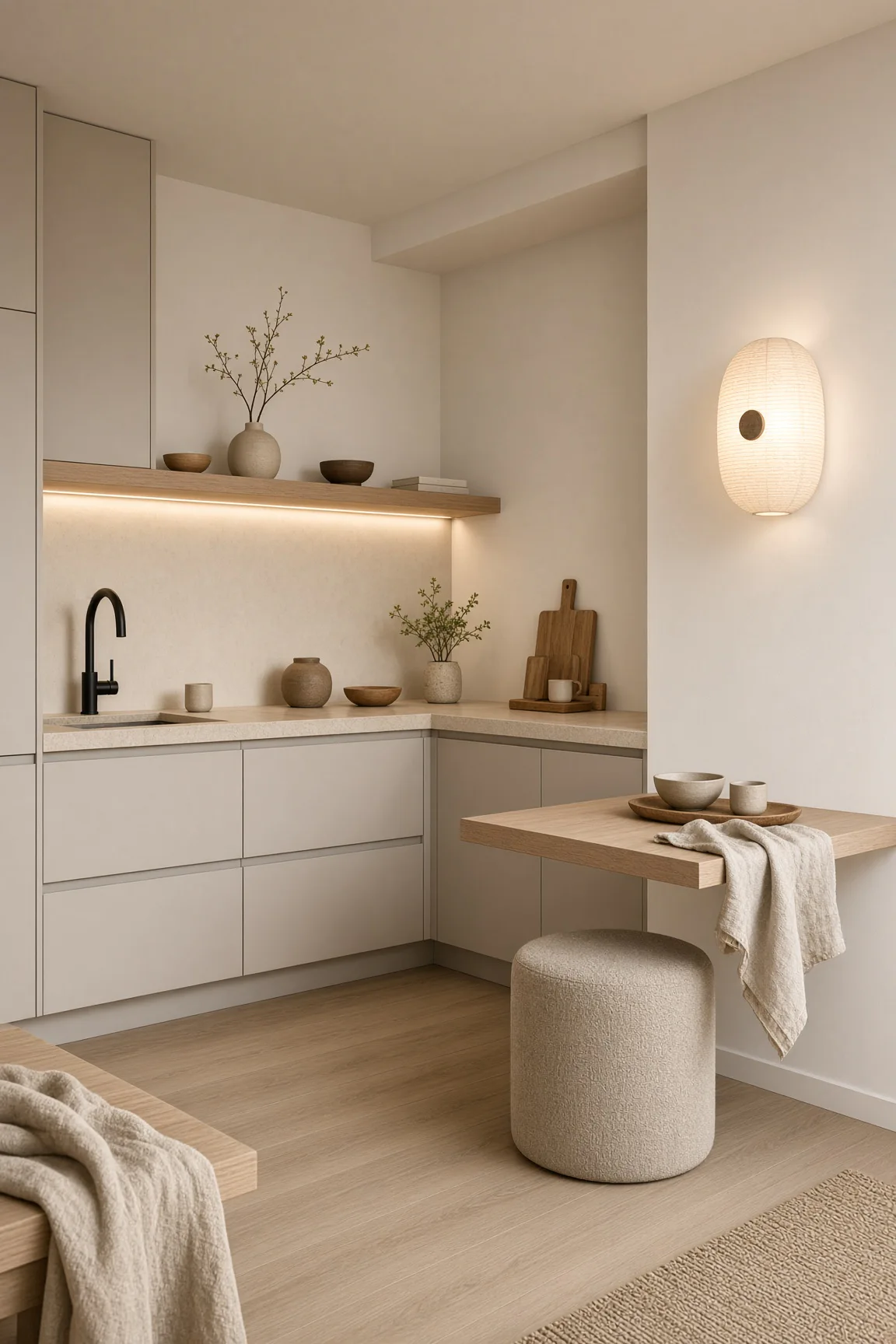 Japandi small kitchen with matte greige cabinetry, wall-mounted cantilevered breakfast table, textured paper globe sconce, and bouclé stool.
