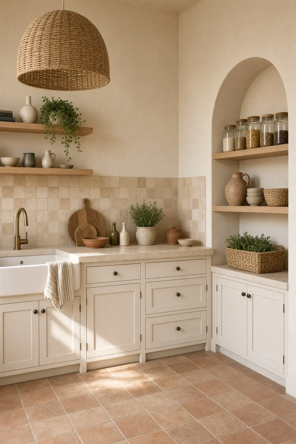 Warm Mediterranean small kitchen with an arched wall alcove shelf, white shaker cabinets, terracotta tiles, and a woven pendant light.