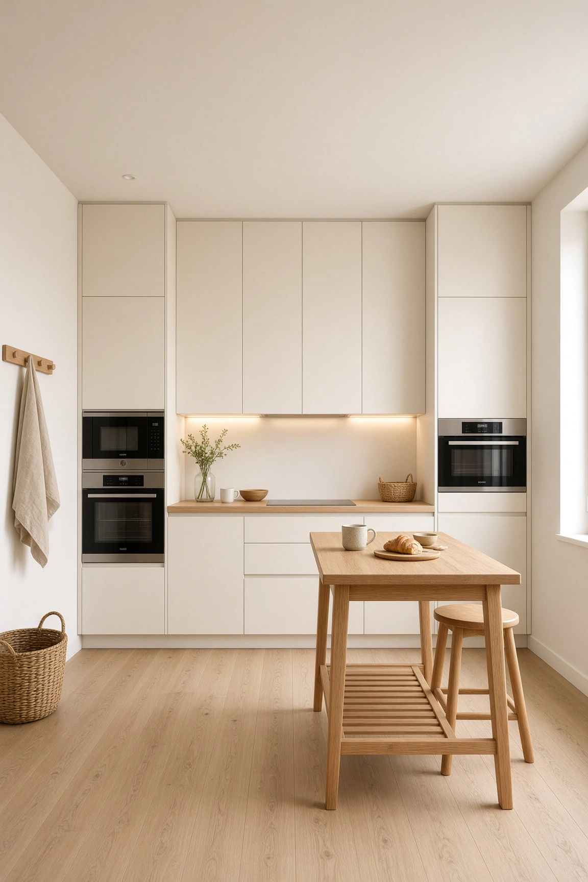 Symmetrical small white kitchen featuring built-in appliance columns, under-cabinet lighting, and a portable oak island prep table.