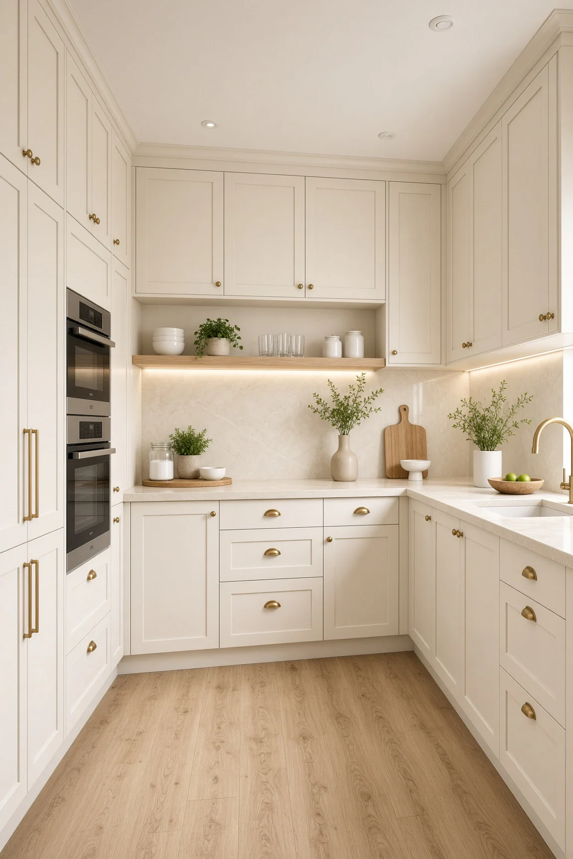 L-shaped small cream kitchen with full-height shaker cabinets, brass knobs, integrated wall ovens, and an inset oak open shelf.