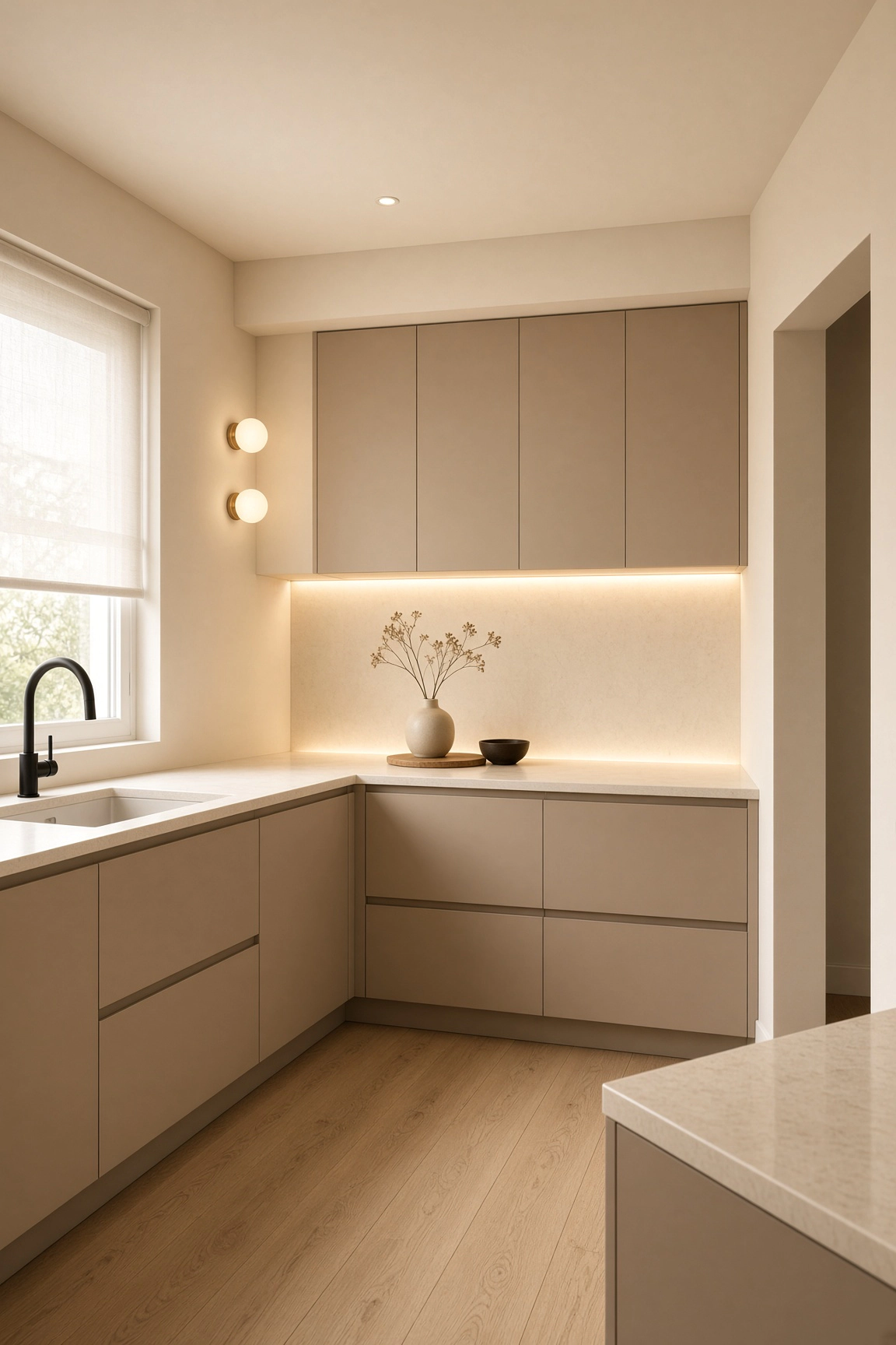 Modern minimal L-shaped small kitchen in mushroom taupe, handleless cabinet drawers, matte black faucet, and twin orb wall lights.