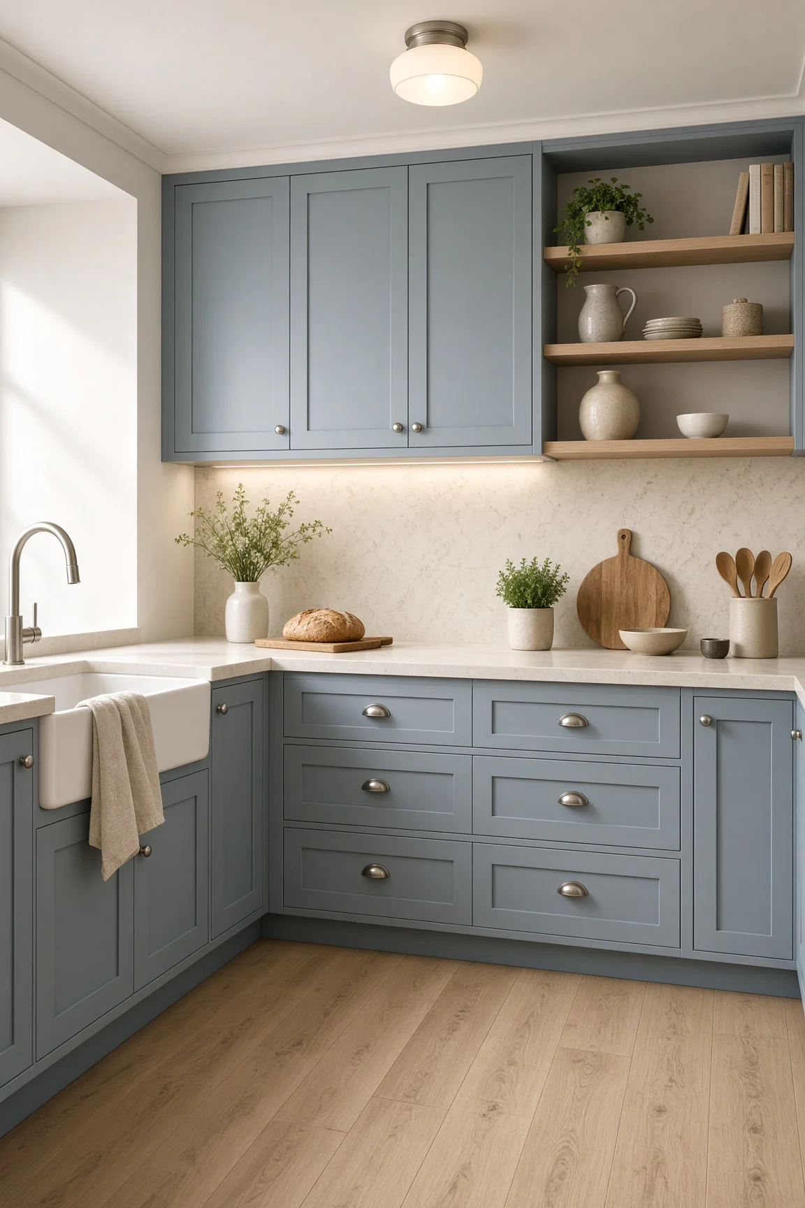 Cozy small kitchen with slate blue shaker cabinets, polished chrome hardware, white apron sink, and built-in open corner shelves.