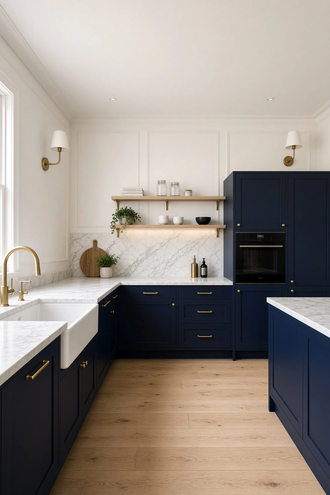 Elegant navy blue small kitchen featuring white Calacatta marble backsplash, slim brass bar pulls, and a brass gooseneck faucet.