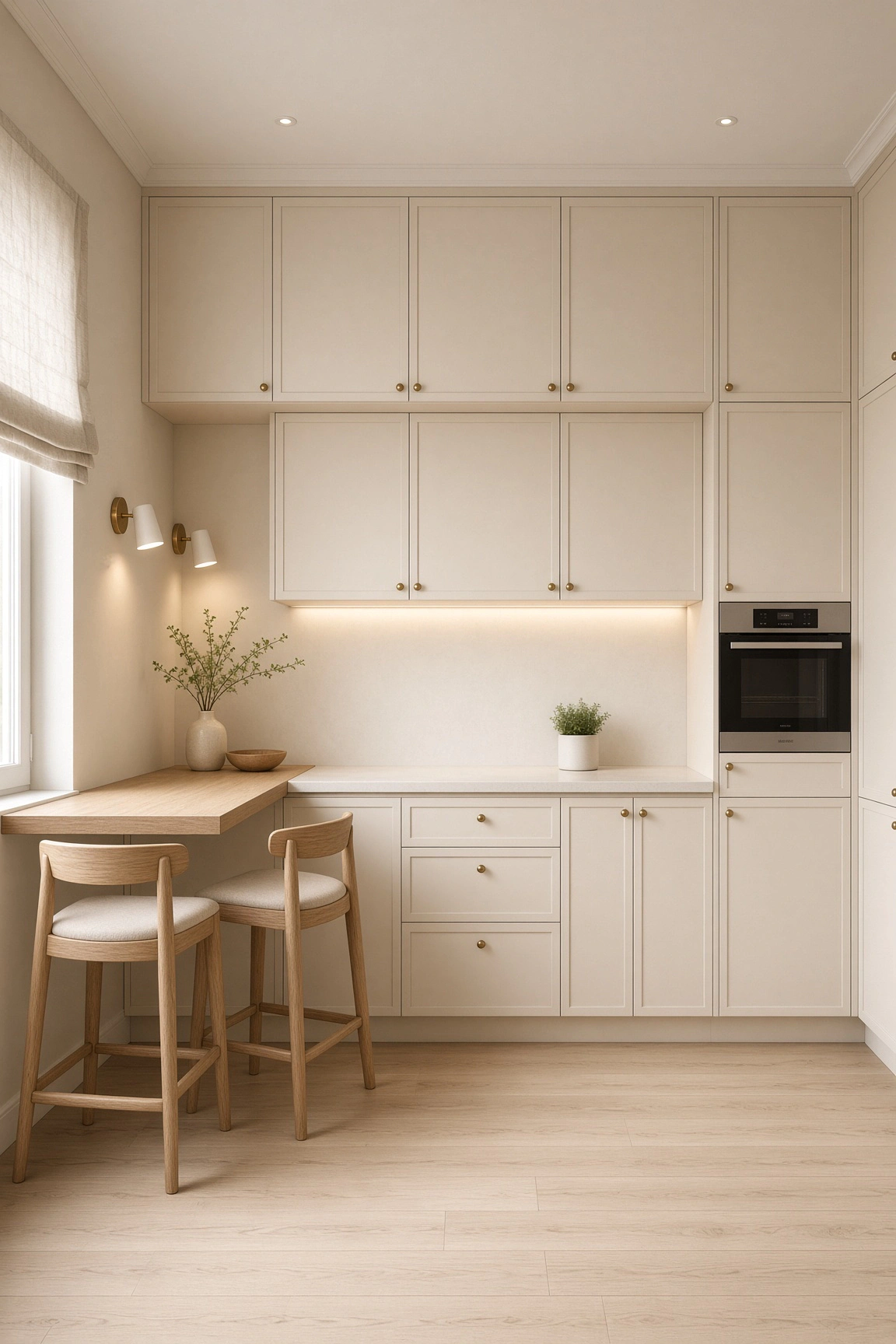 Warm beige small kitchen layout featuring an integrated breakfast counter extension, wooden barstools, and brass wall sconces.