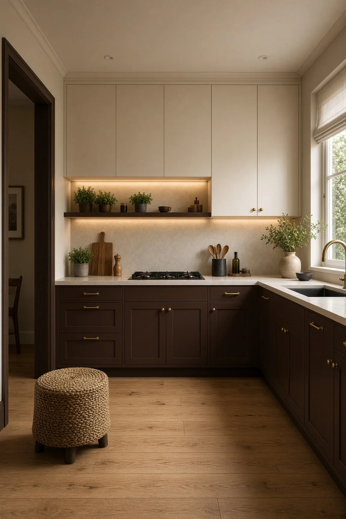 Two-tone small kitchen with deep espresso brown lower drawers, cream upper cabinets, lit herb shelf, and woven jute pouf.