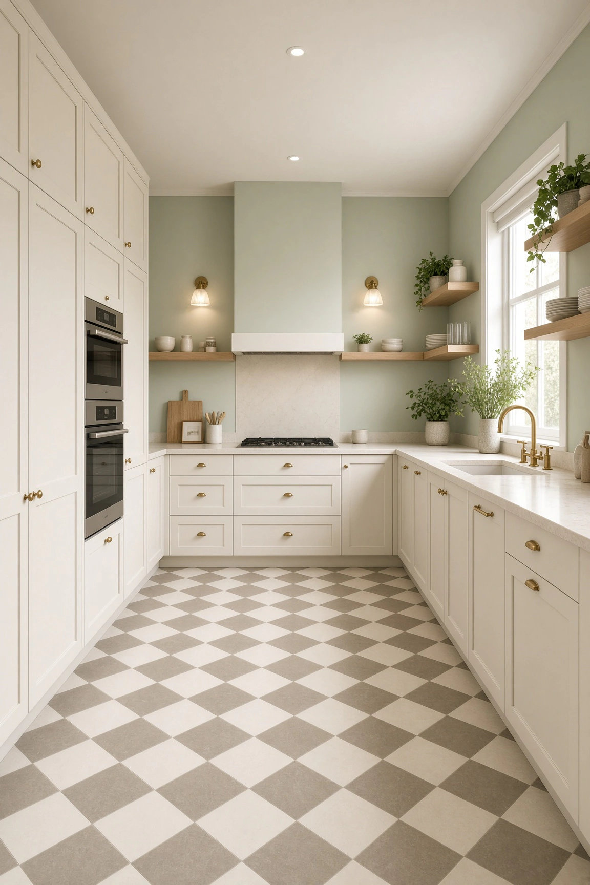 Bright small kitchen with soft sage green walls, classic white shaker cabinets, floating corner shelves, and checkerboard floor tiles.