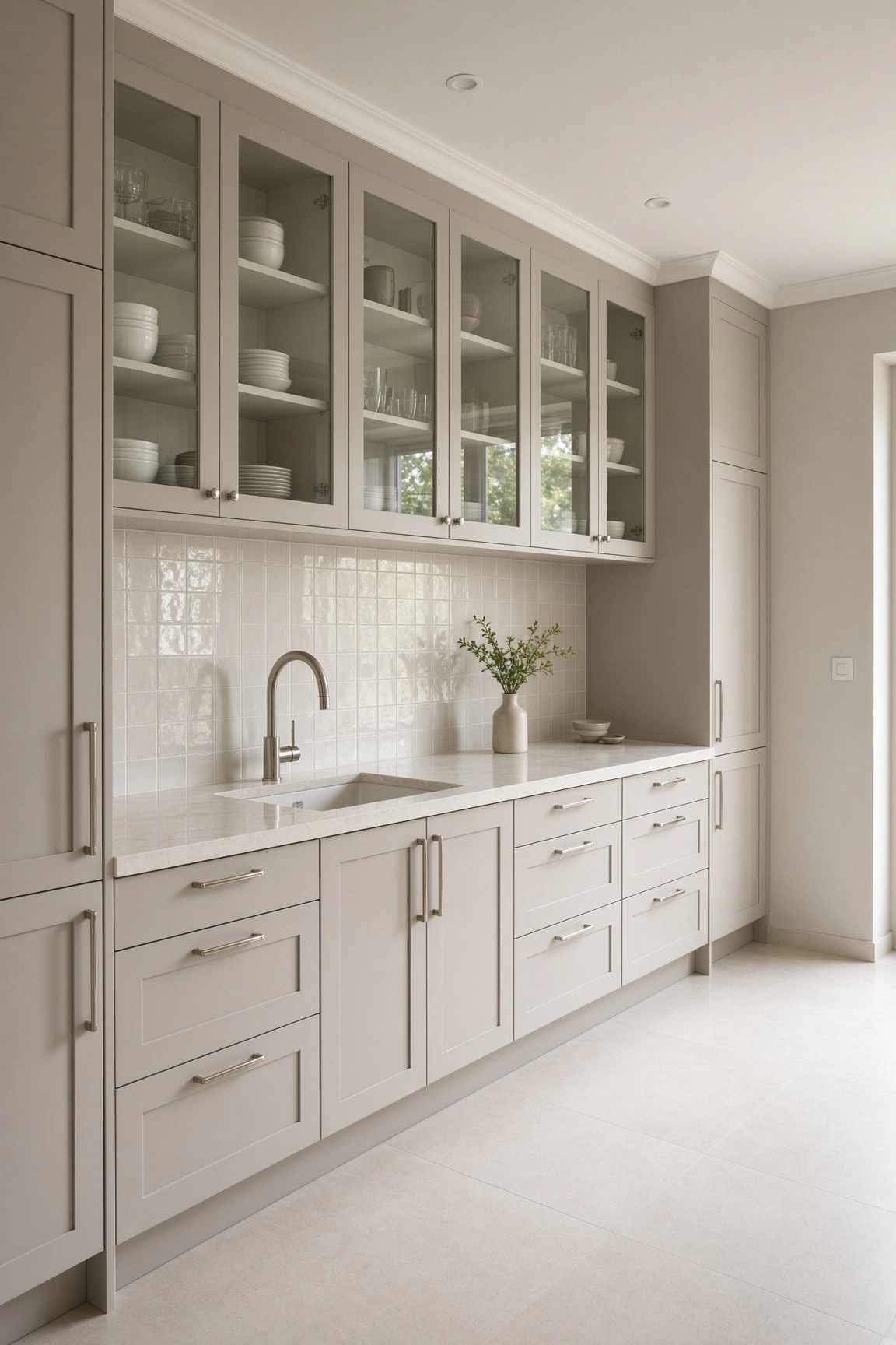 Galley small kitchen featuring grey-greige glass-front upper cabinets, polished square backsplash tiles, and brushed nickel hardware.