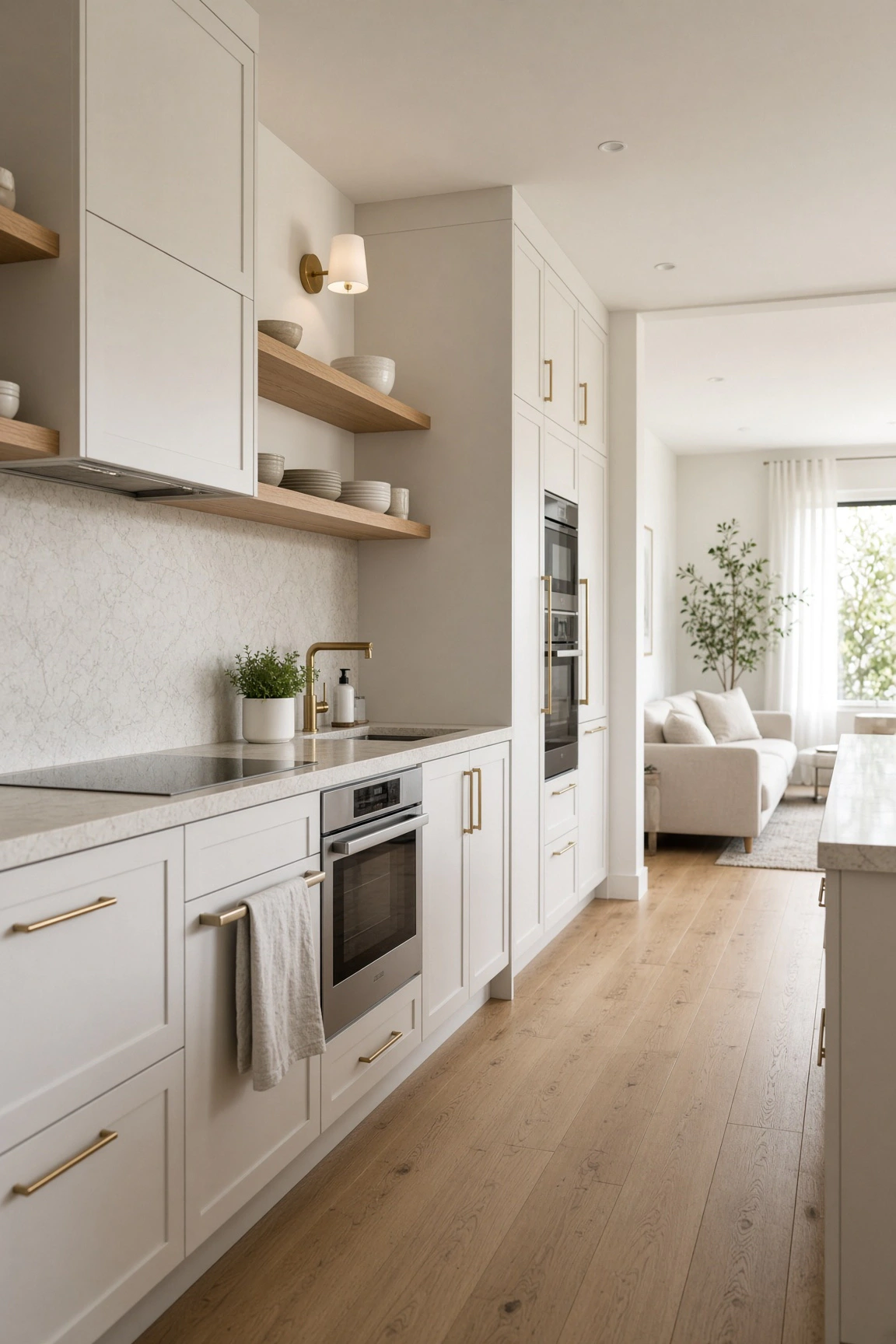 Open-plan small kitchen with white cabinetry, slim gold hardware, floating oak shelves, and seamless sightline to adjacent living area.