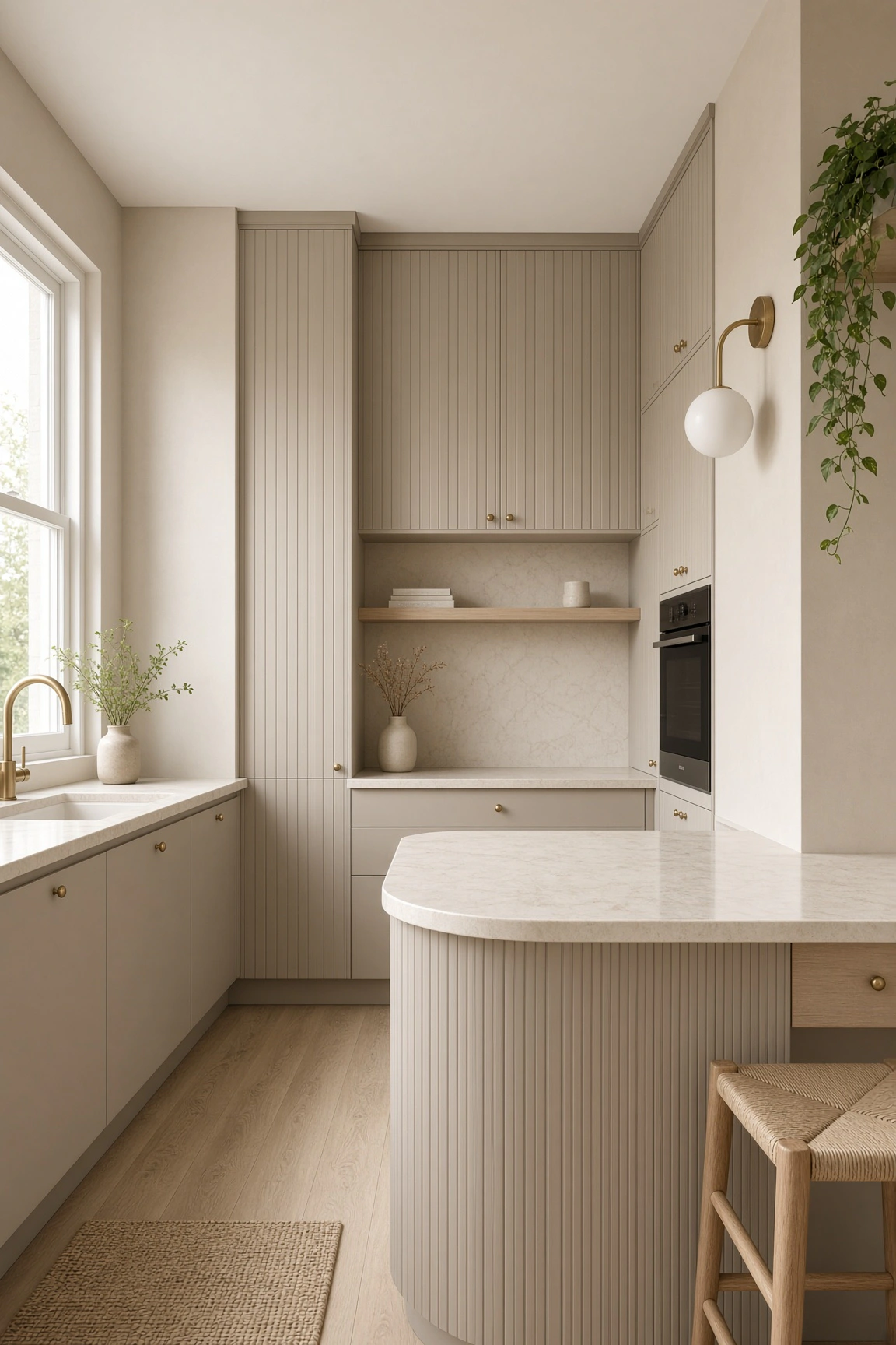 Modern small kitchen with curved fluted wood island bar, greige vertical panel cabinets, brass sconce, and woven counter stool.