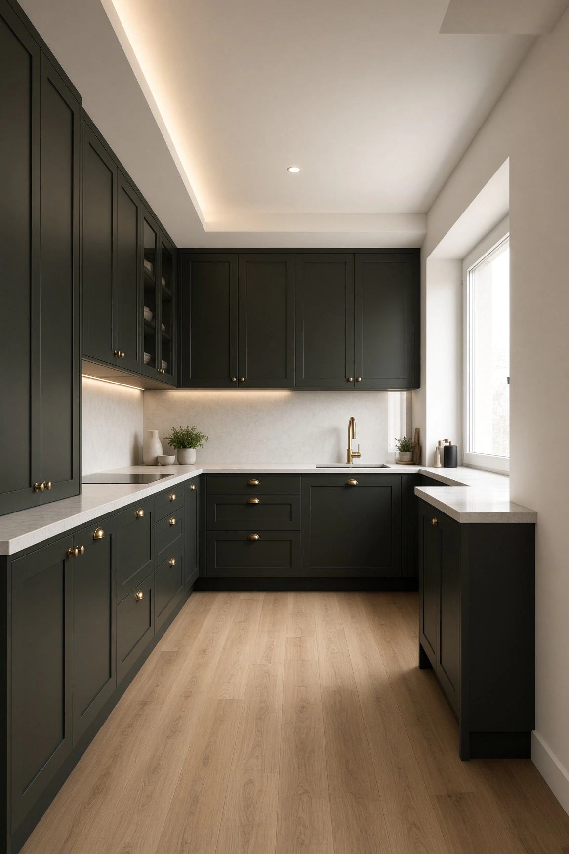 U-shaped small kitchen in dark anthracite black, marble counter extending into window sill, brass cup handles, and recessed ceiling lights.