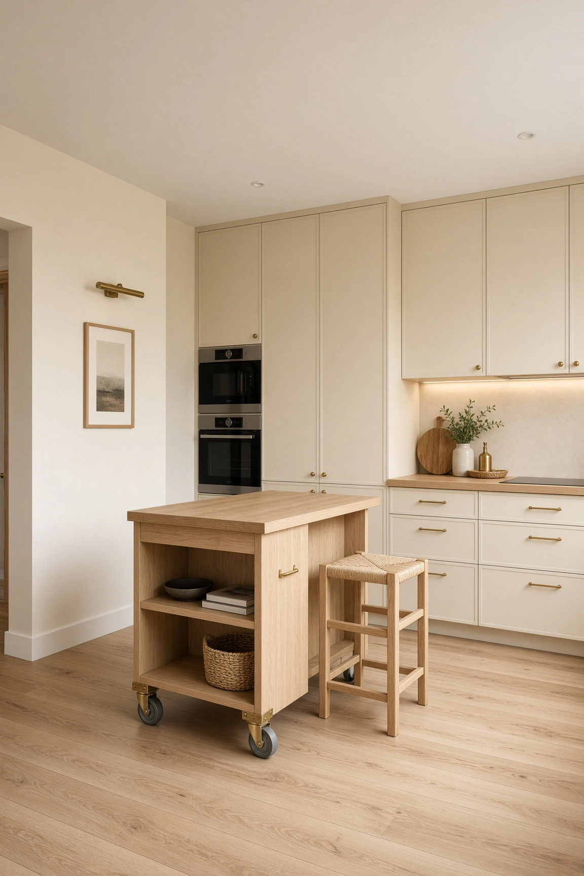 Cream small kitchen with built-in pantry bank, framed artwork, and a mobile oak island cart with brass wheels and woven stool.