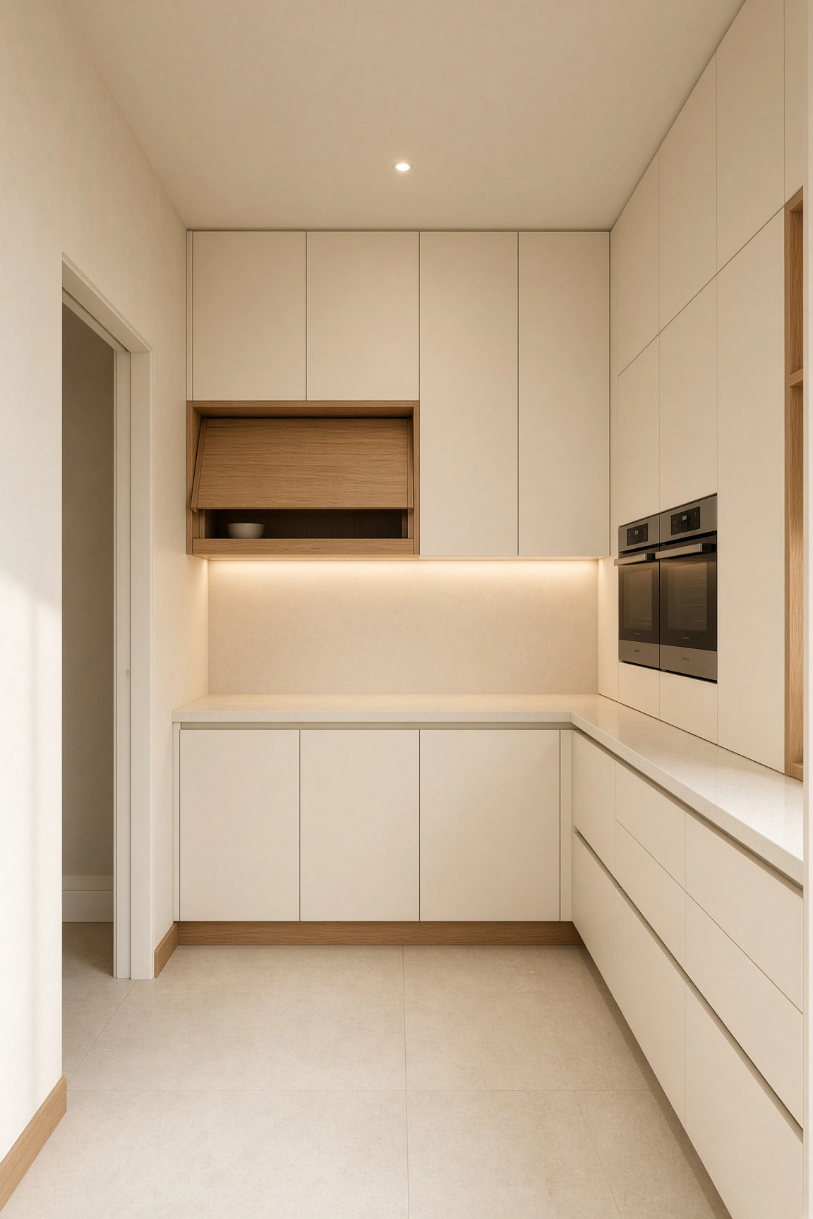 Minimalist off-white small kitchen with a warm oak flip-up appliance garage door, built-in double ovens, and concealed storage.