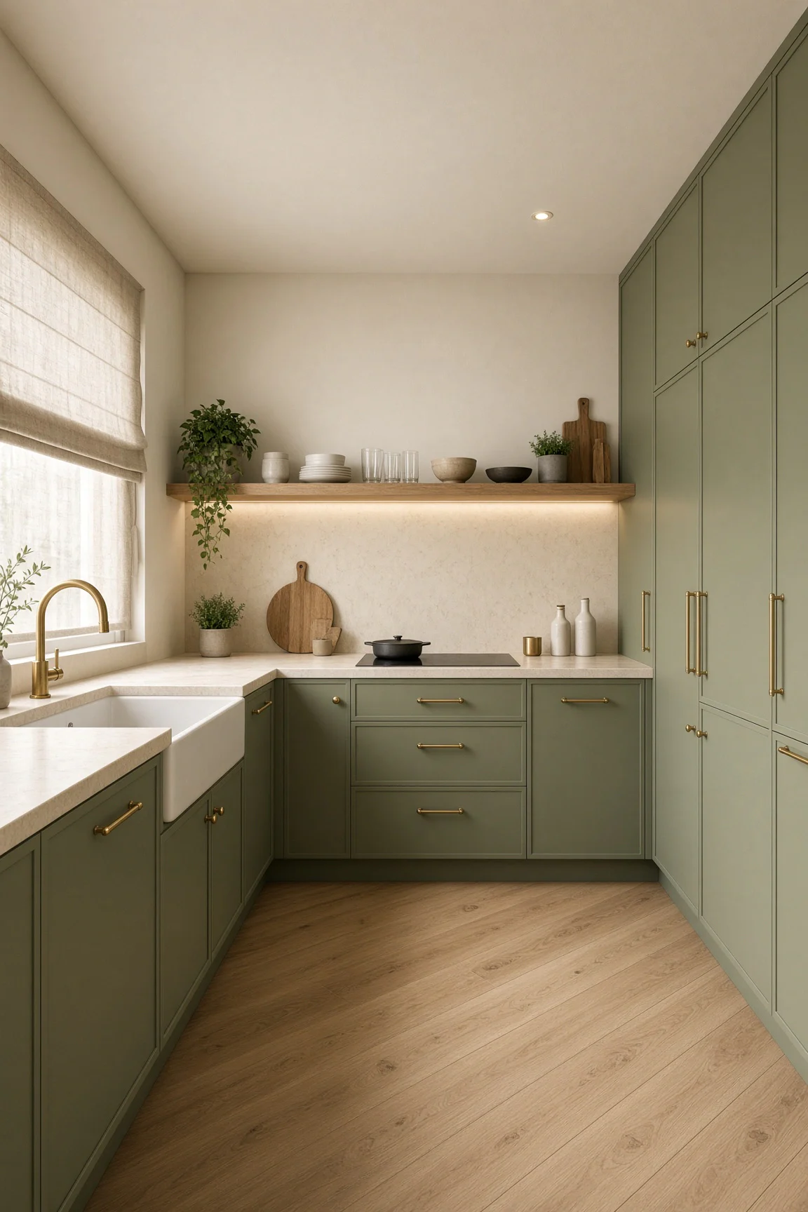 Earthy olive green small shaker kitchen with full-length oak wall shelf, brass tap, white apron sink, and potted trailing plants.