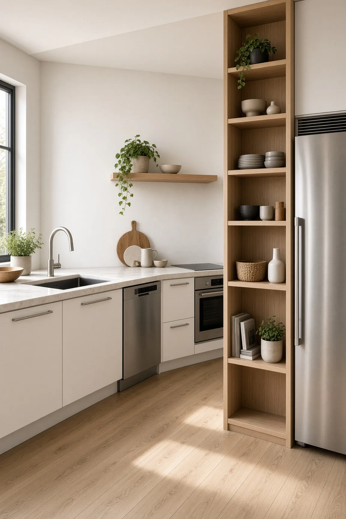 Bright white small galley kitchen with a tall slim oak open bookshelf tower beside stainless steel fridge, under-mount sink, and oak floor.