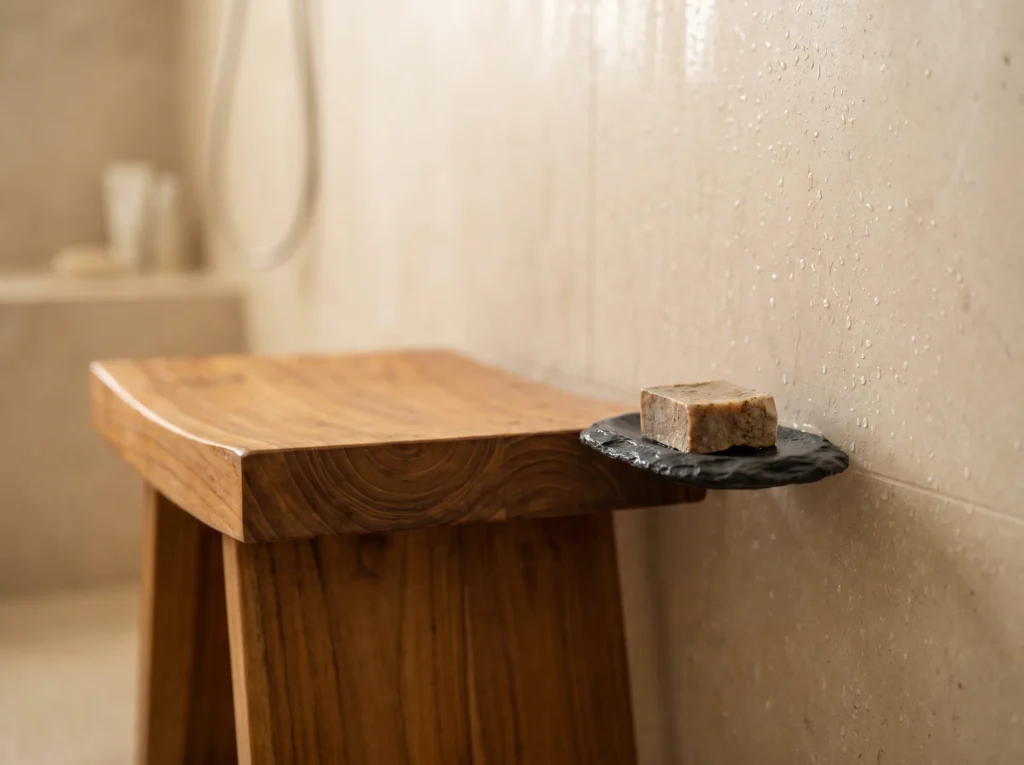 Teak stool near stone shower K
