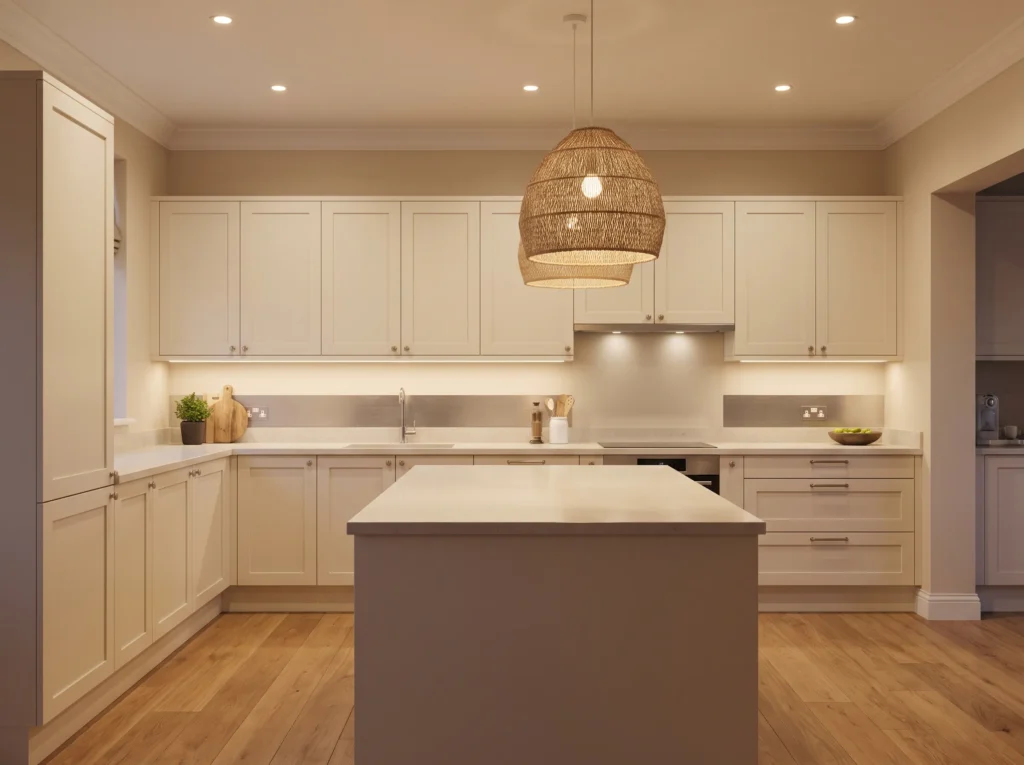 Warm layered kitchen lighting K