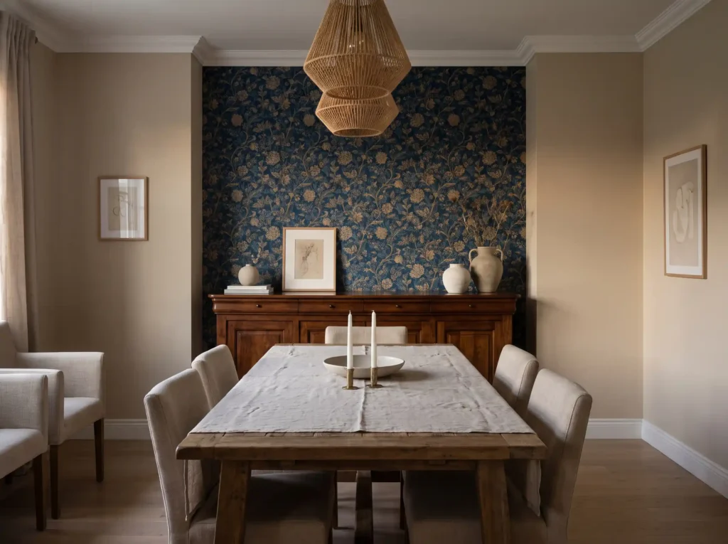 Dining room with patterned wallp… K