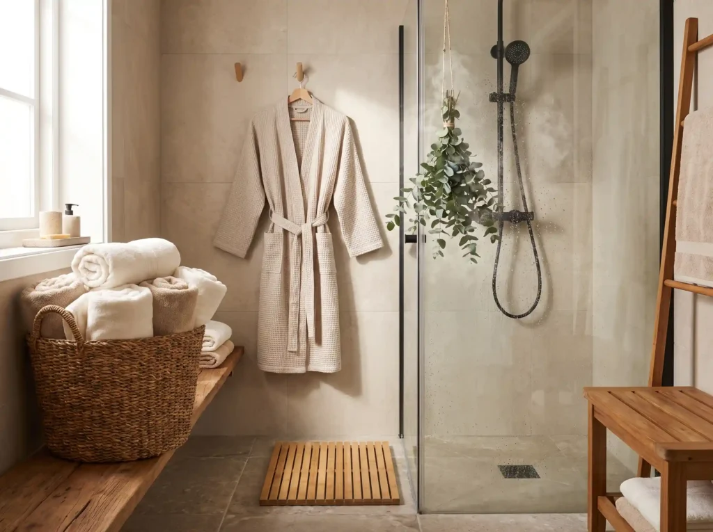 Spa bathroom with towels and K