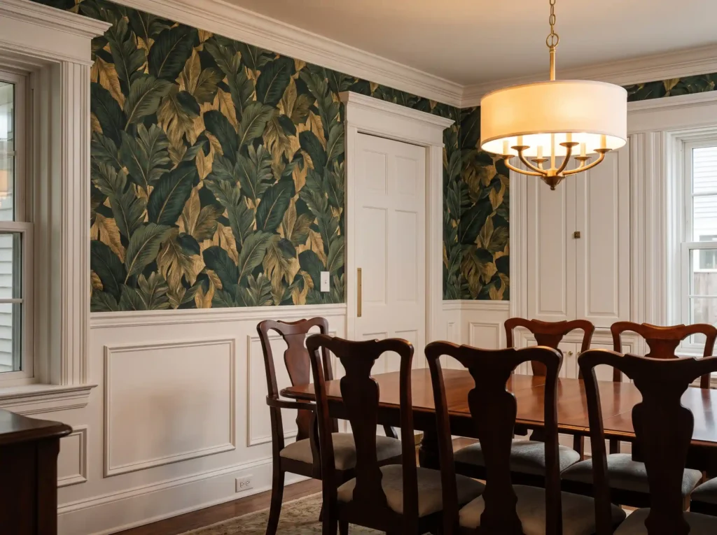 Wallpaper above dining room wain… K