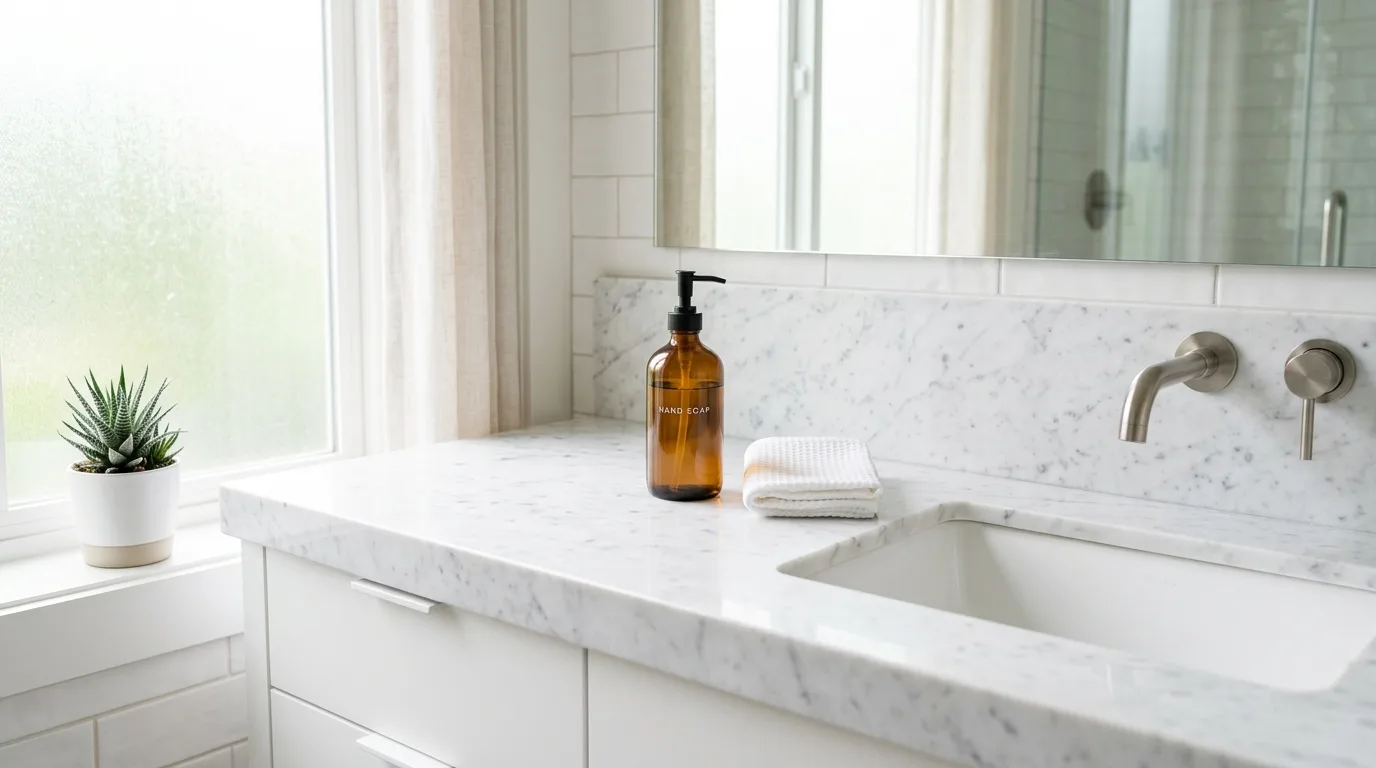 Minimalist amber glass soap dispenser and clean marble counter beside an undermount sink