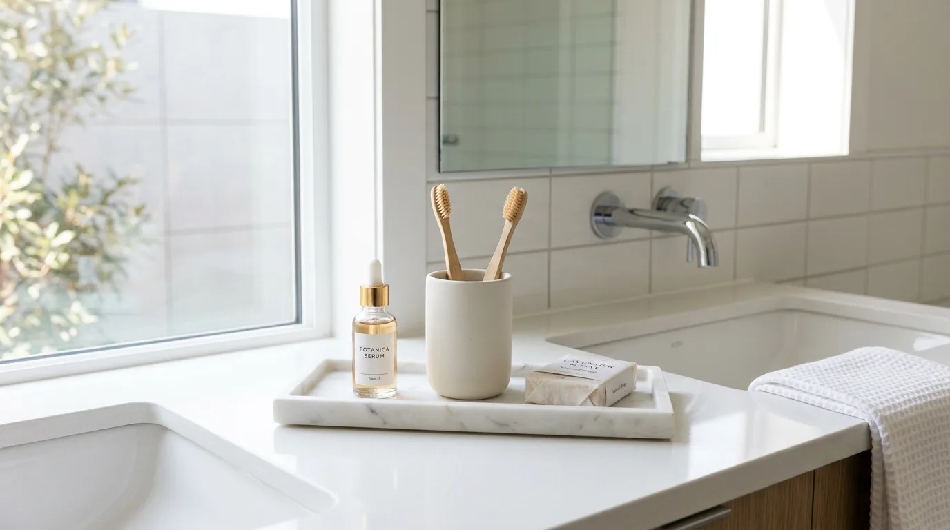 Marble vanity tray organizing skincare dropper bottle and ceramic toothbrush tumbler