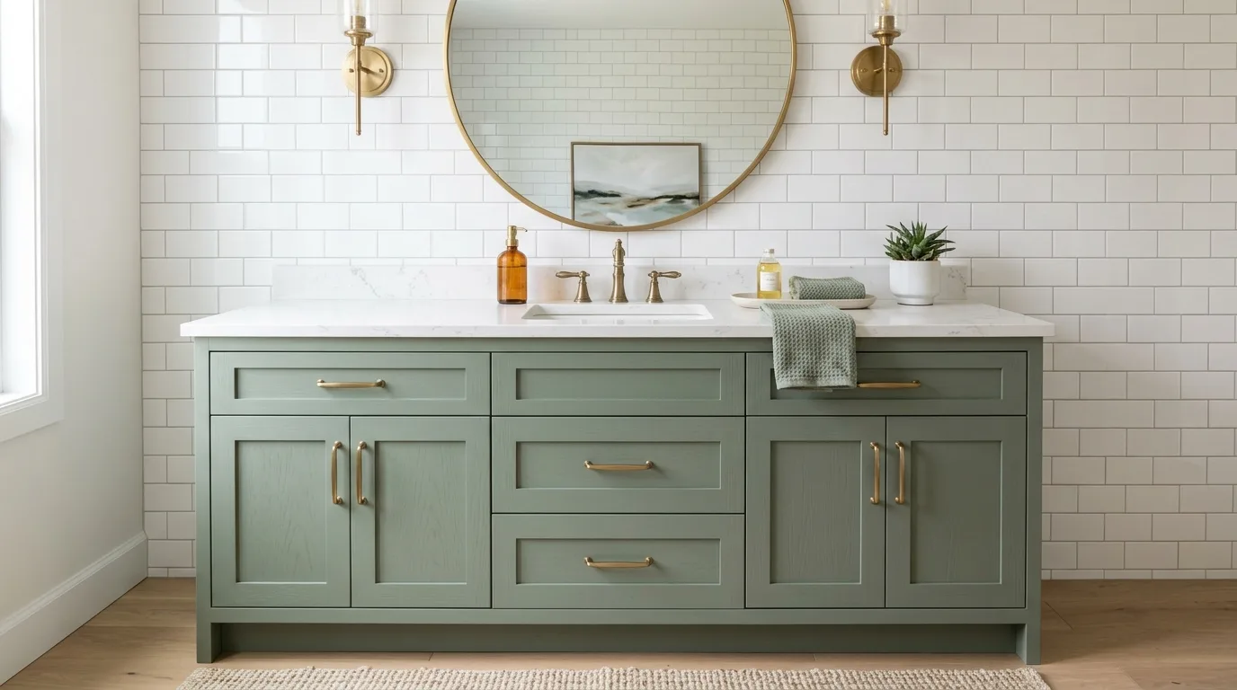 Sage green painted bathroom vanity cabinet with brushed brass handles and quartz countertop