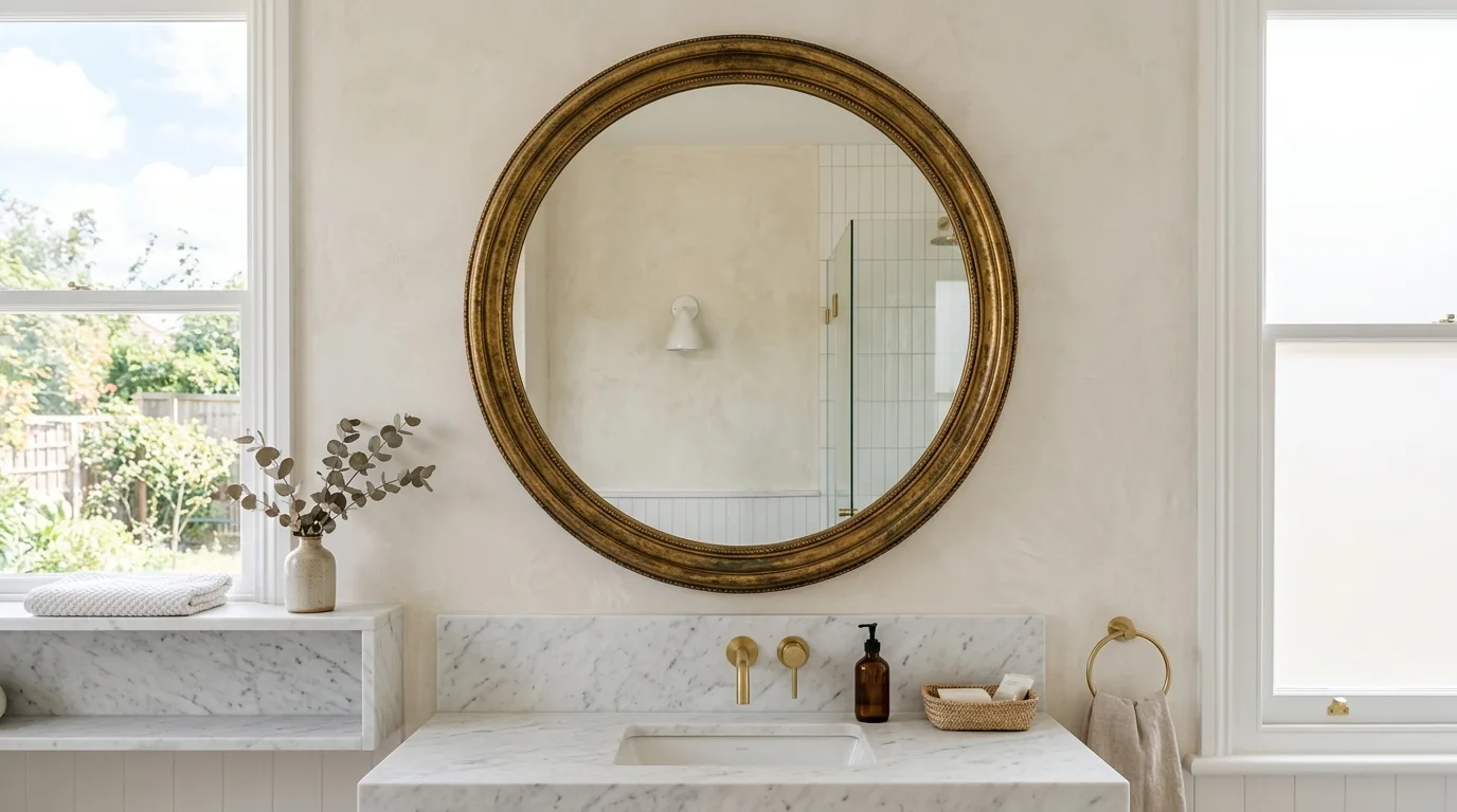 Large round bathroom mirror with an ornate gilded brass frame above a marble vanity