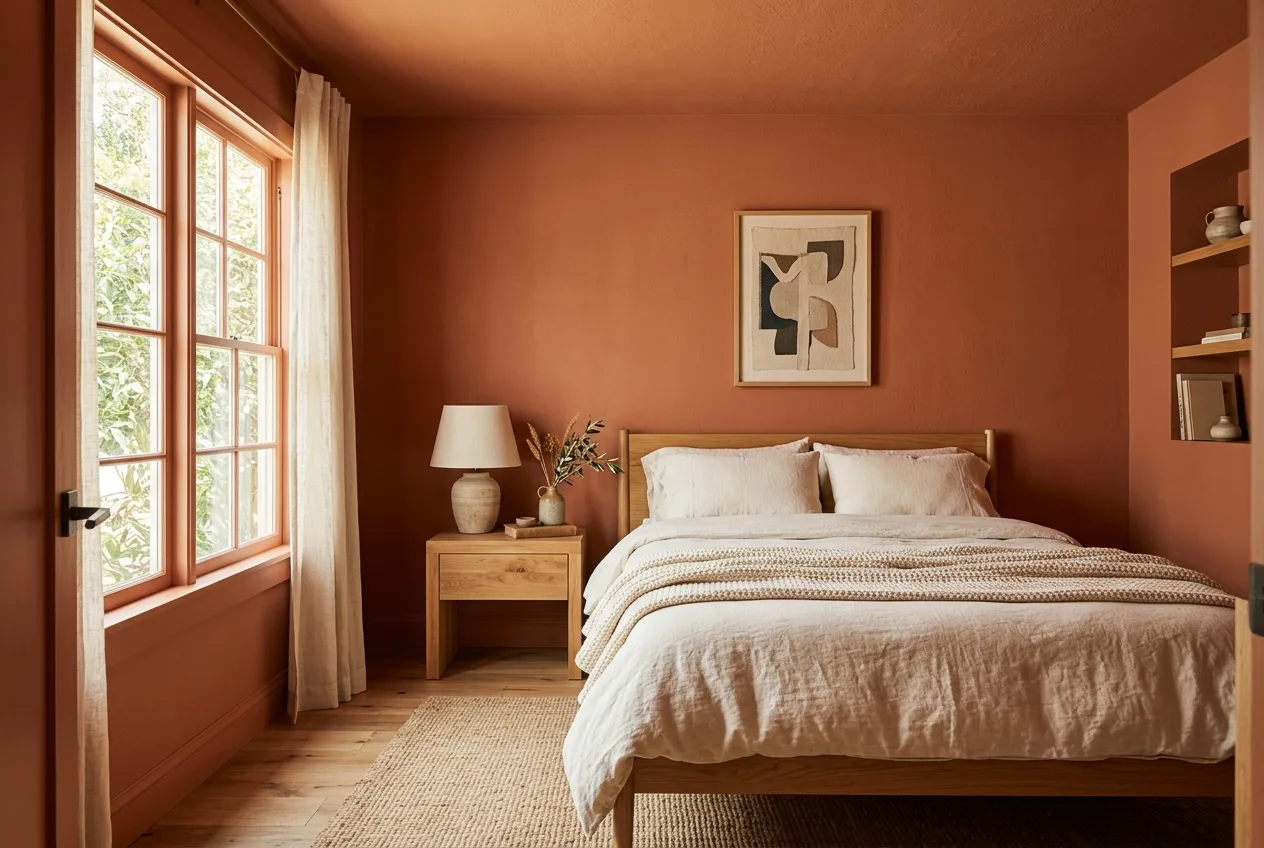 Master bedroom drenched entirely in warm terracotta clay paint with natural timber furniture