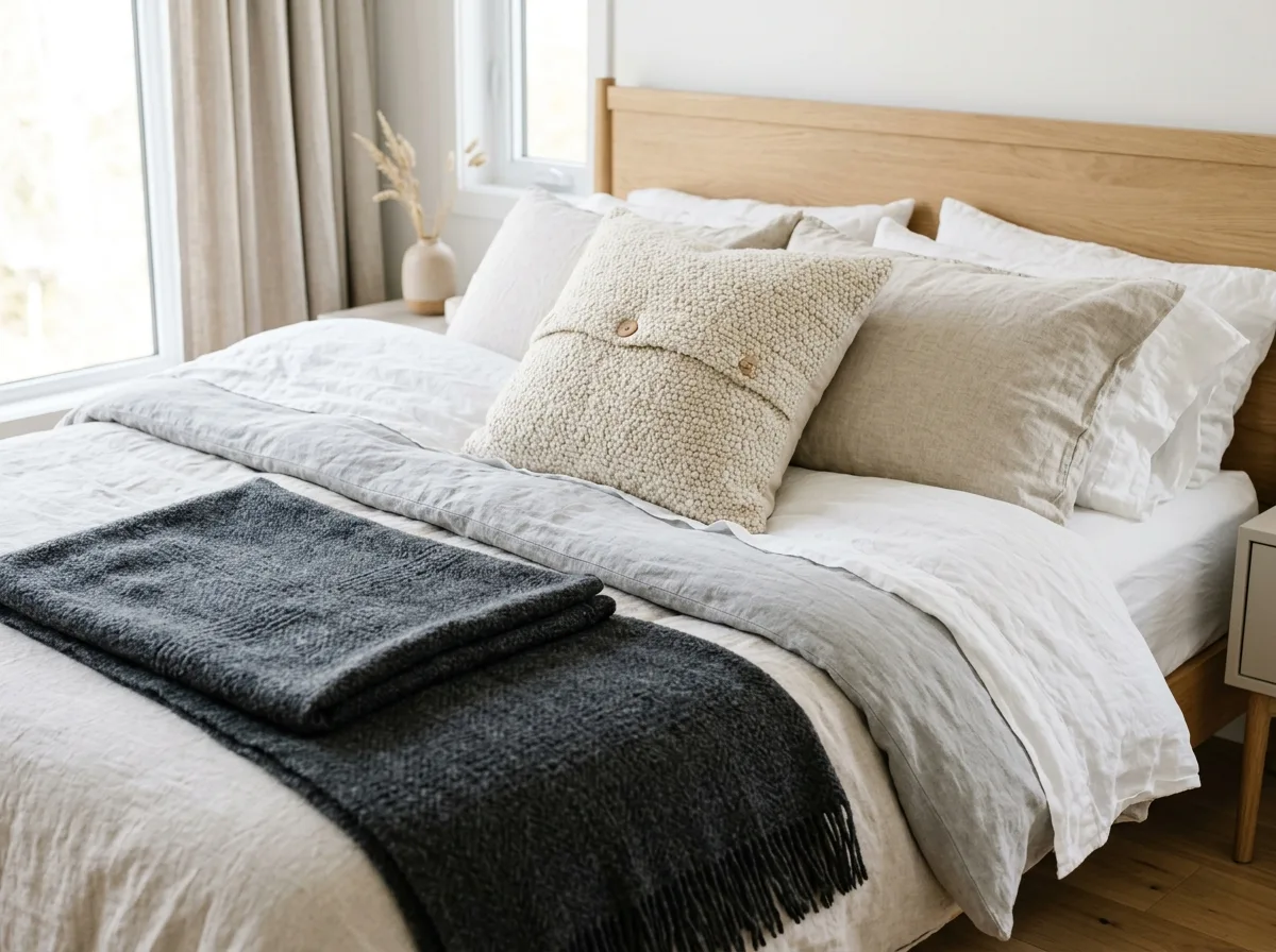 Layered washed linen bed sheets with wool throw blanket and bouclé pillow