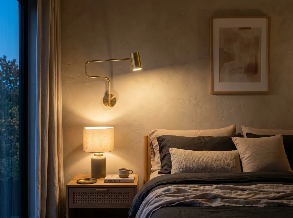 Minimal warm 2700K dimmable bedside lamp casting soft ambient glow on textured wall