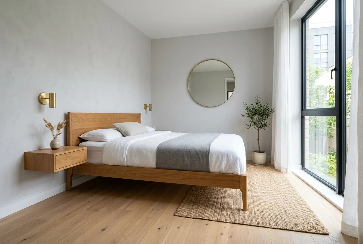 Platform bed frame with slender exposed legs showing visible floor space