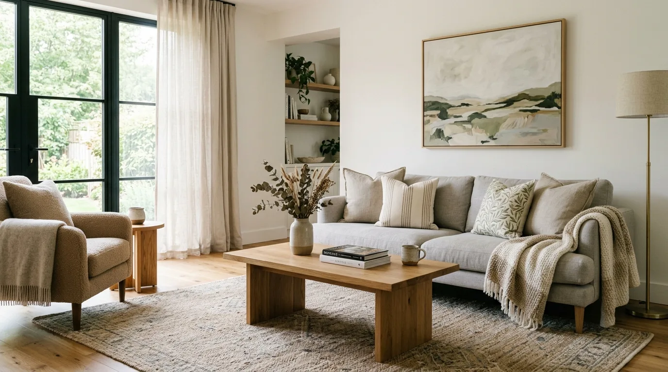 Serenely layered living room interior featuring harmonious textiles, neutral upholstery, and subtle accent prints