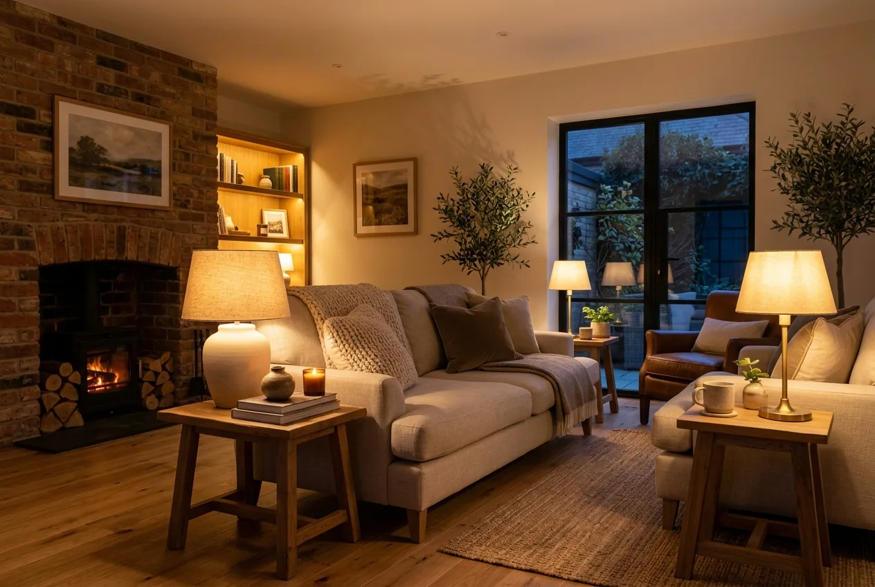 Cozy living room interior illuminated with warm 2700K amber ambient lighting and table lamps