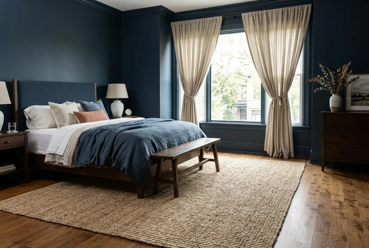 Woven jute area rug on wooden floor in a moody blue bedroom