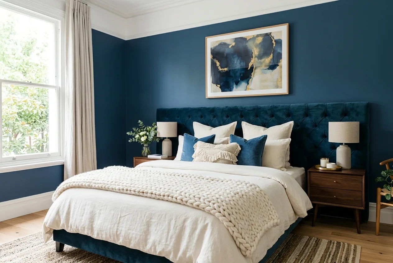 Plush velvet headboard with off-white cream bedding against dark blue bedroom wall