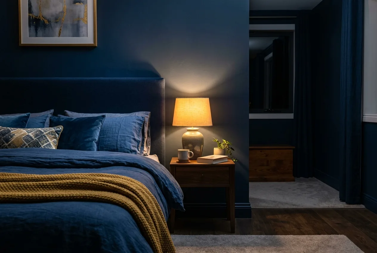 Warm 2700K bedside lamp casting golden light on dark blue bedroom wall