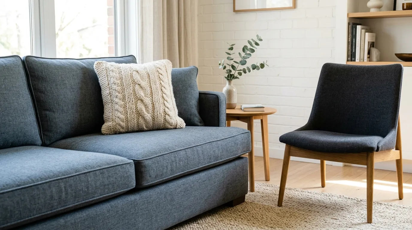 An accent chair with slender wooden legs placed next to a structured sofa to balance visual weight